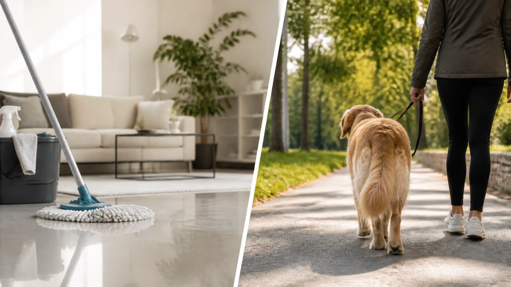A clean bright home beside a dog enjoying a walk outdoors